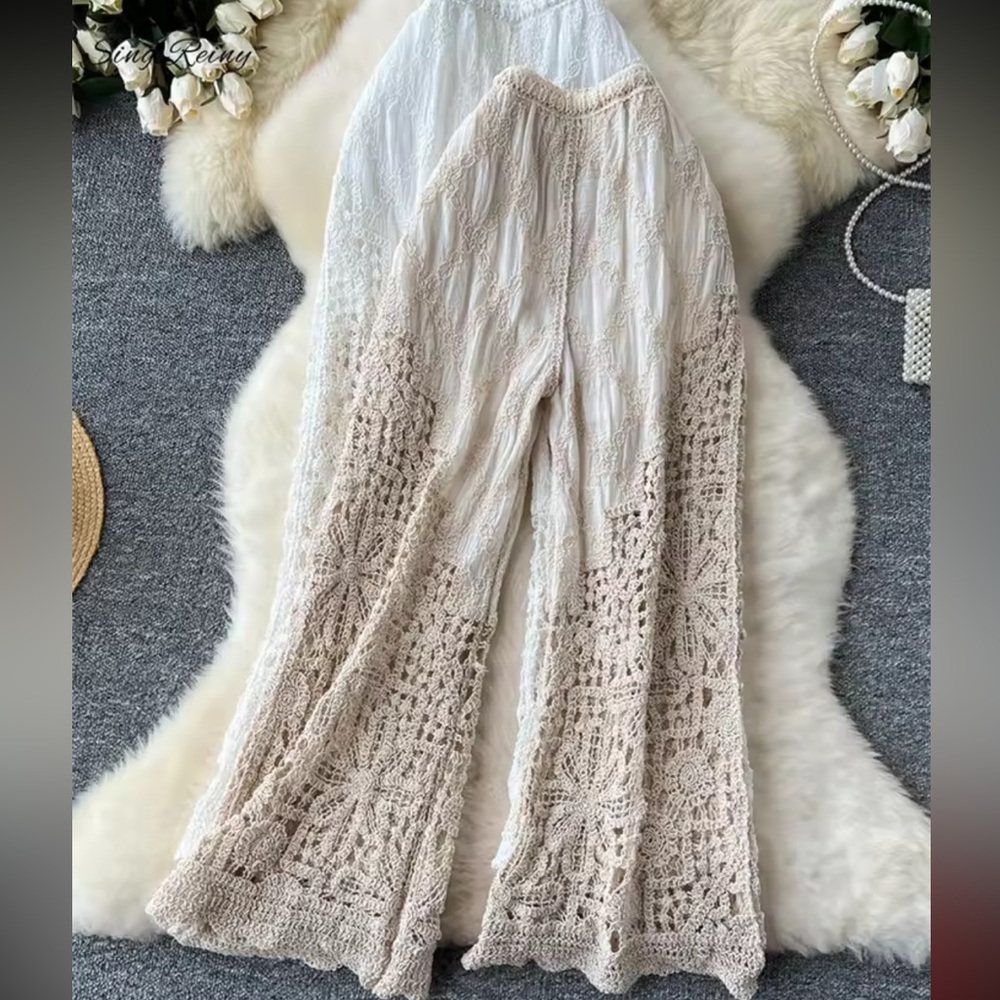 Crochet Lace floral Pants boho chic cream beige wide leg flowy embroidered - Picture 5 of 5